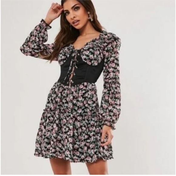 Missguided Dresses & Skirts - MISSGUIDED Size 4 Black Floral Print Bust Cup Corset Romantic Dress NEW